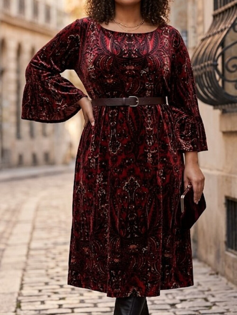 Avenue Women Size 26/28 Burgundy Velvet Long Sleeve Dress - Picture 16 of 16